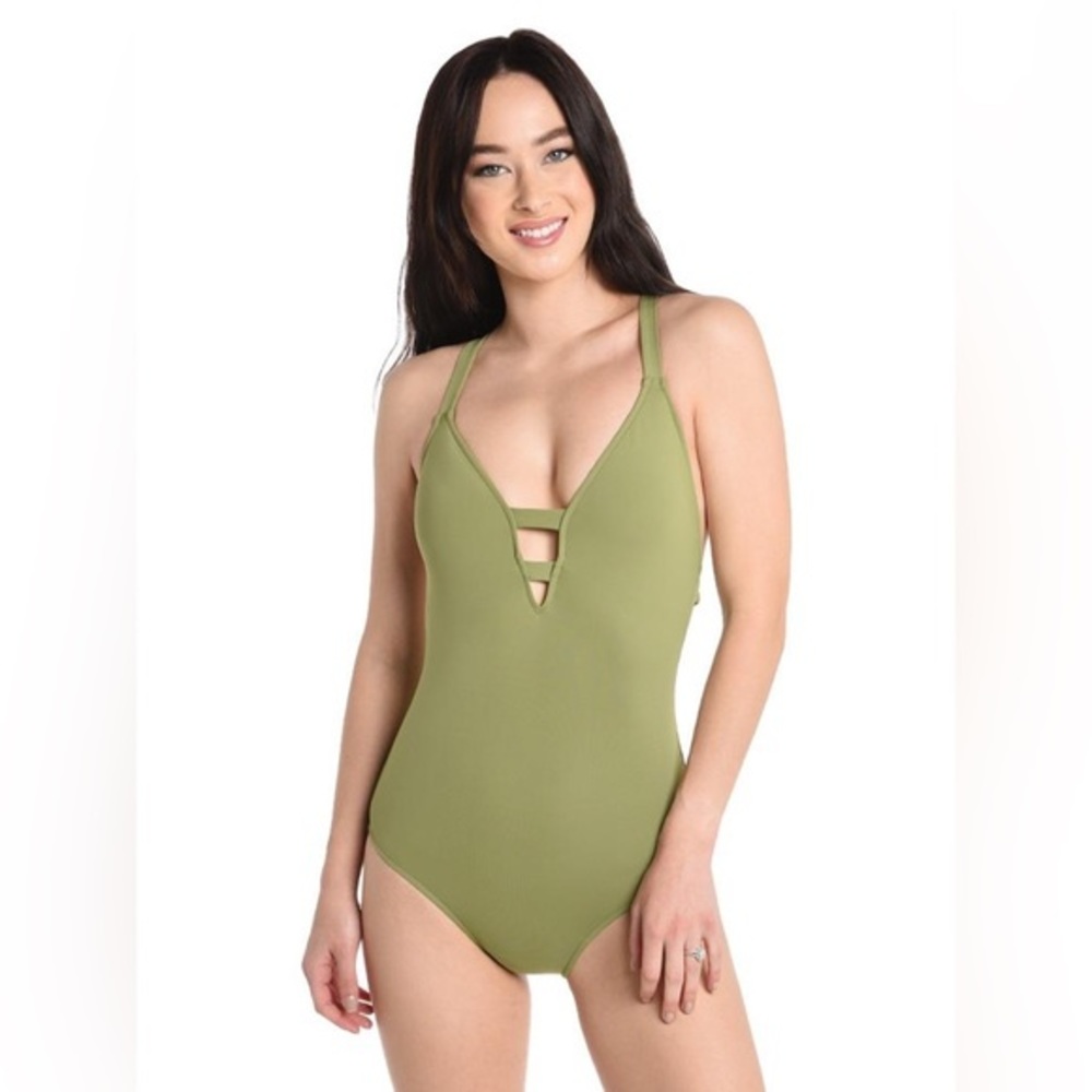 SEAFOLLY Active Pea Green Deep V Maillot One Piece Swimsuit Women's Size 16